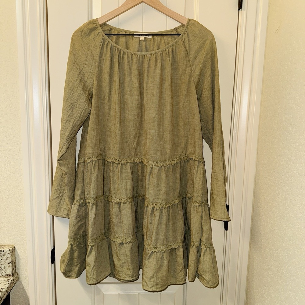 Indigo Soul Boho Tiered Babydoll Dress L Olive Green Long Sleeve Lace Trim